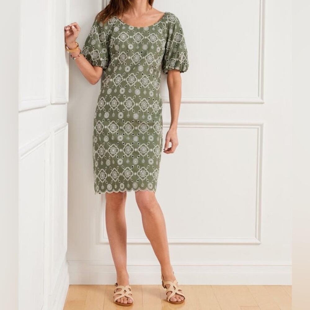 NEW Talbots Puff Sleeve Embroidered Shift Dress Womens 12 Green White Cotton